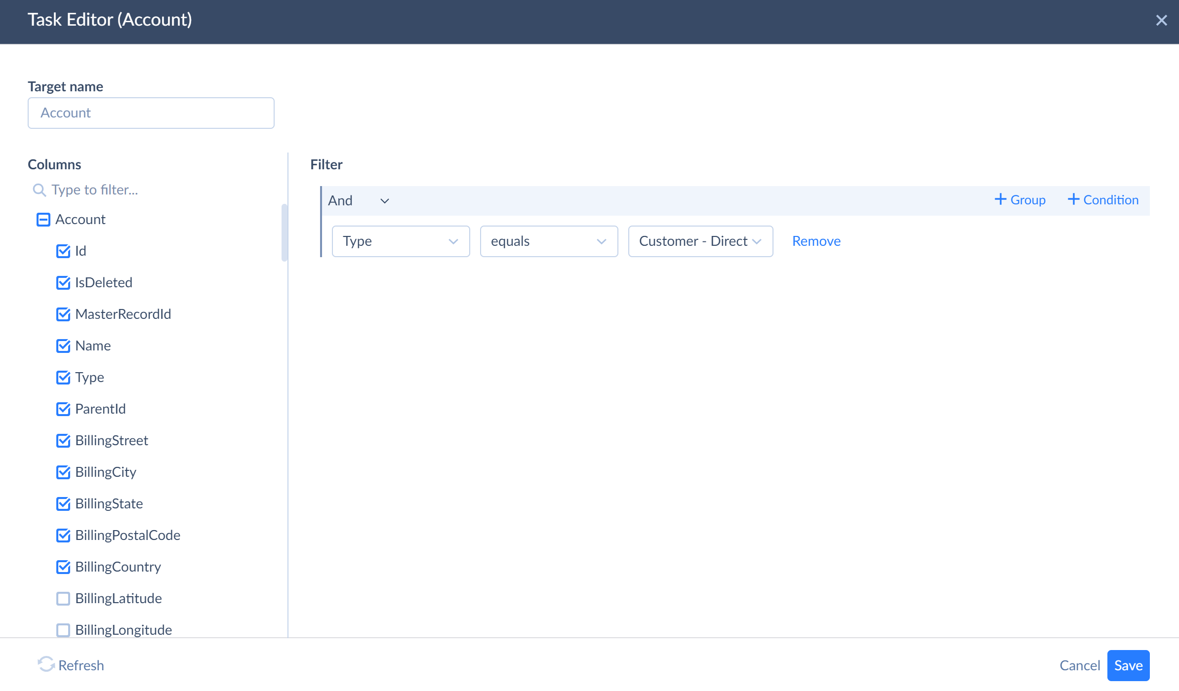 filters in task editor window
