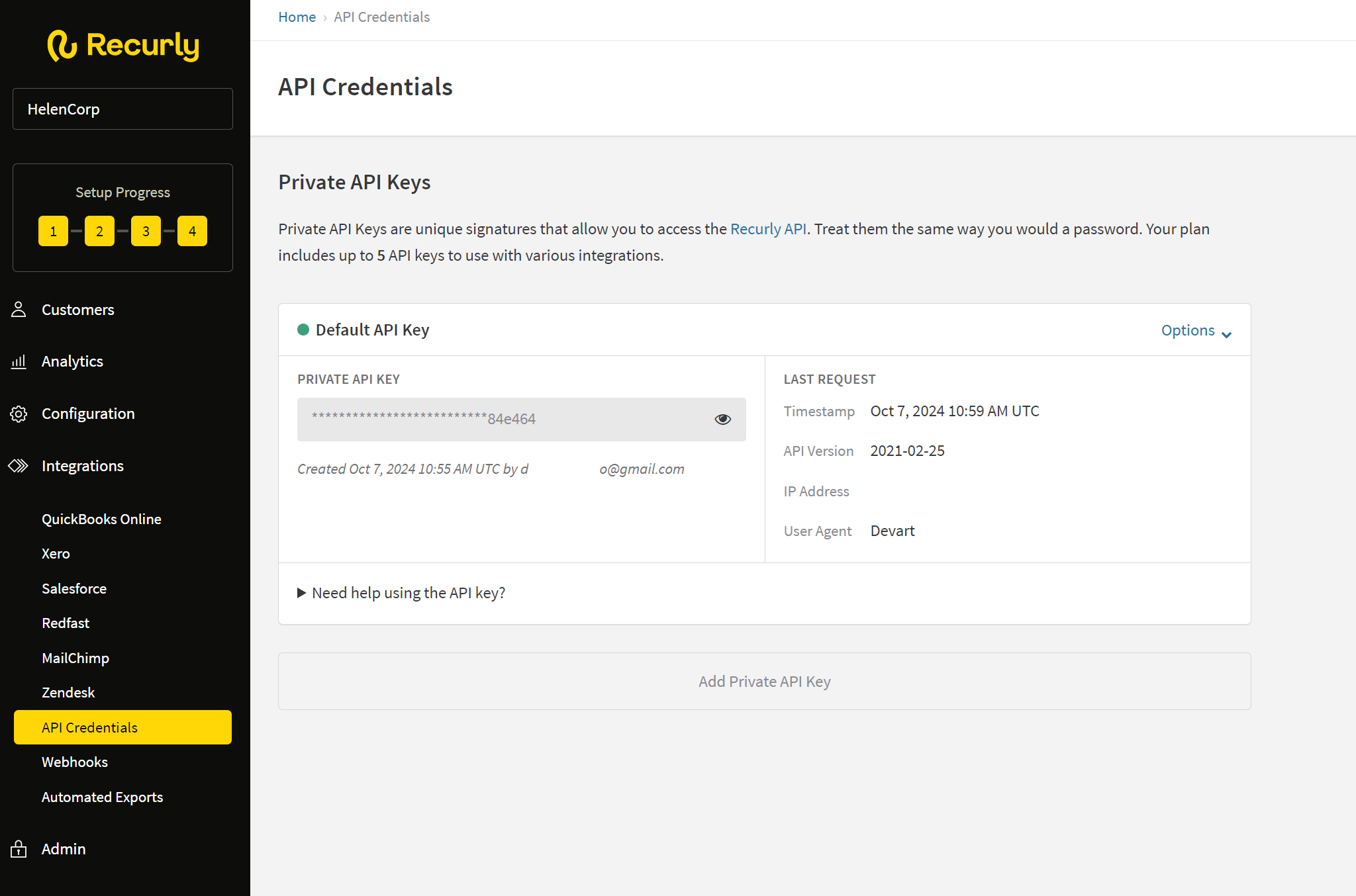 Recurly API Credentials Page